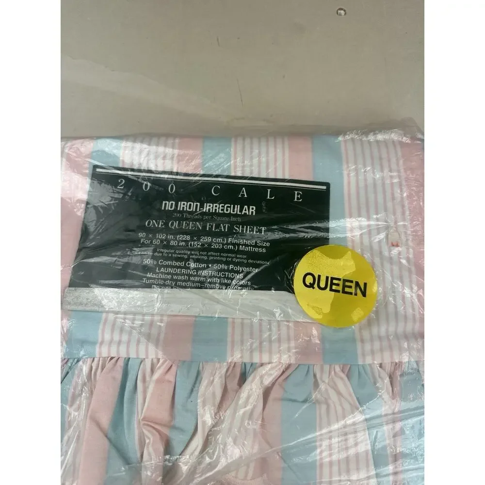 2 Vintage Cale Queen Flat Sheets Pink Blue Stripe Ruffle NOS No Iron Irregular